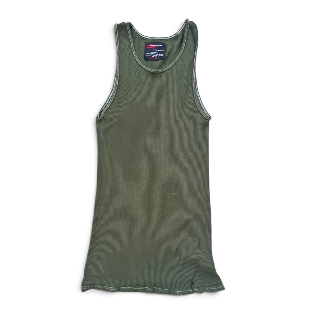 Go Softwear Mens Ribbed Tank Top Medium Olive Green Cotton Made in USA Flawed